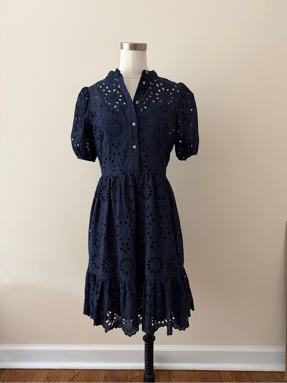 J. Crew Navy Eyelet Puff-Sleeve Midi